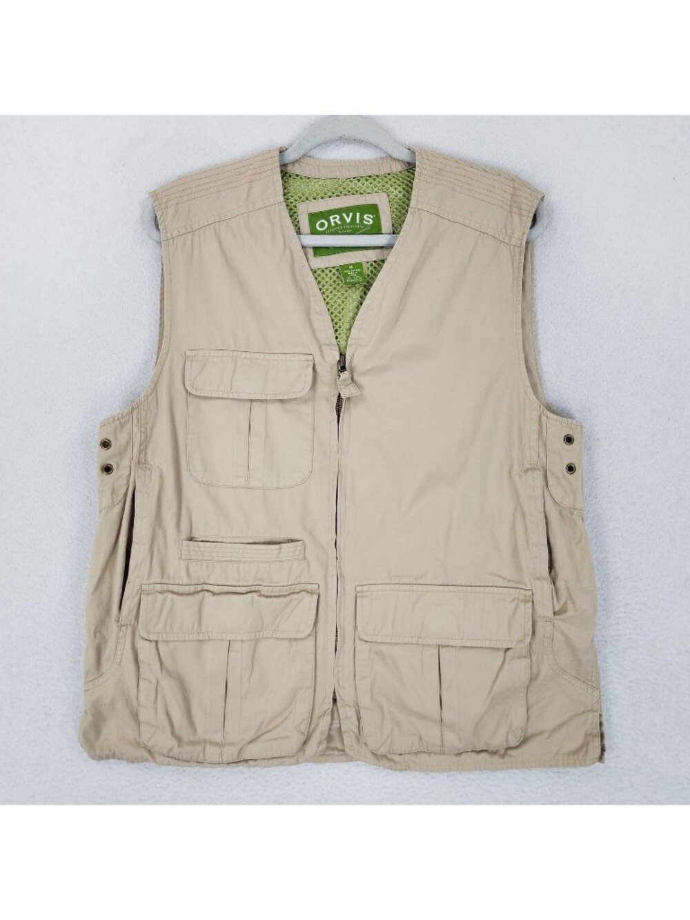 Orvis Vest Mens Medium Beige Cotton Fishing Utility Mesh Lined Pockets Outdoor